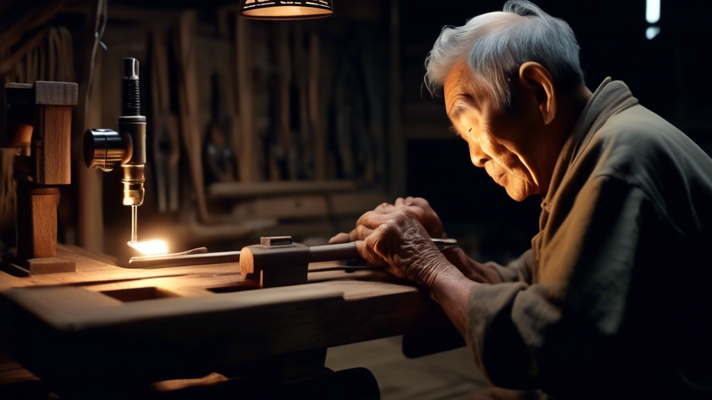 An intricate, manually-operated lathe constructed from scavenged materials inside a Japanese internment camp, showcasing a mix of rustic wood and repurposed metal parts, with an elderly Japanese craft