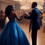 An elegant prom night scene where Diddy’s daughter, Chance, dressed in a stunning blue gown, dances under sparkling lights with Branson Bailey, who is wearing a classic black tuxedo, in a beautifully