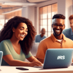 Digital illustration of a diverse group of people happily using computers in a modern, well-lit community center to access a free IRS tax filing website, with visible IRS logos and a banner reading 'R