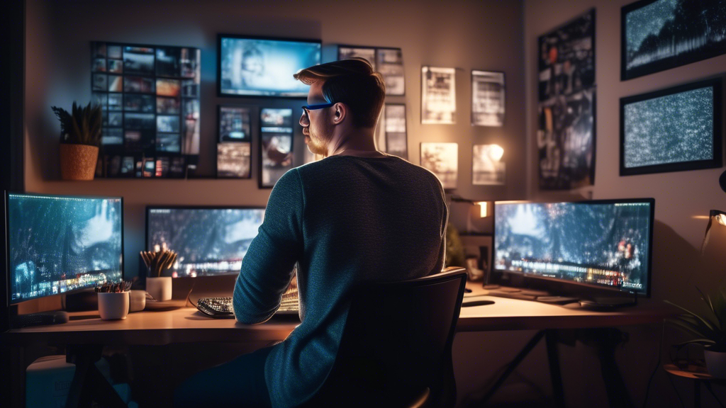 Modern tech blogger in a cozy, well-lit home office, watching the leaked promotional video of the Pixel 8a on a sleek, latest-model computer screen, with excitement and curiosity on their face, surrou