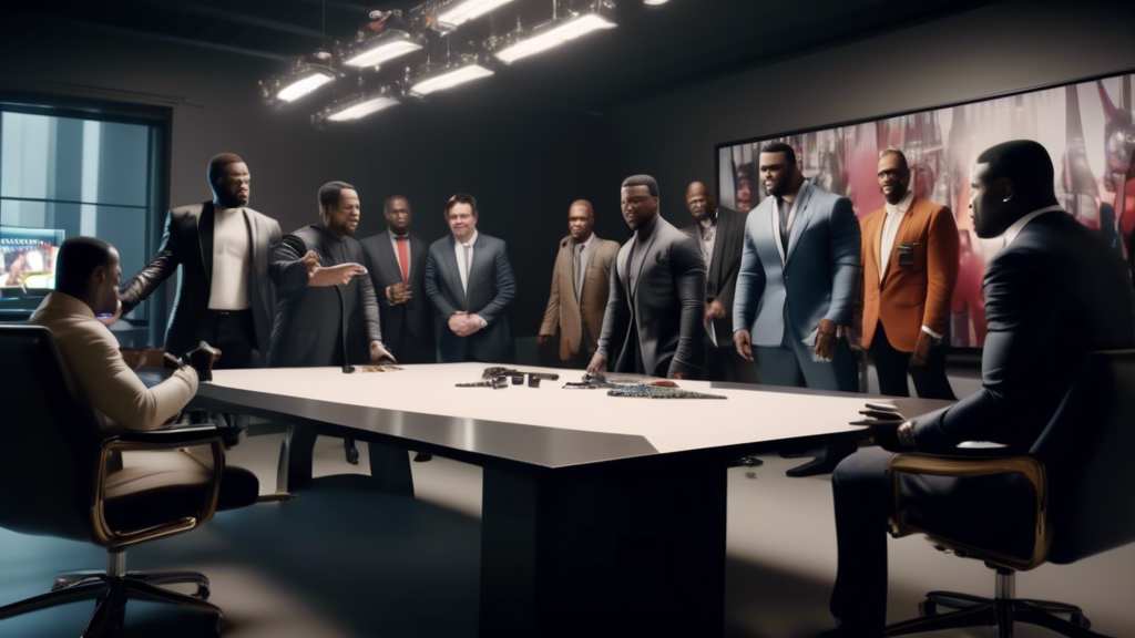 A modern urban meeting room with 50 Cent and Netflix executives shaking hands over a large polished table, a poster showing Diddy in the background, surrounded by cameras and filmmaking equipment, in