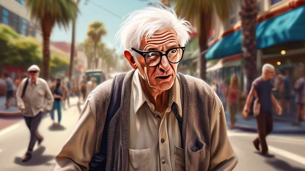 A digital artwork of an elderly man with white hair, wearing a tweed cap and glasses, stealthily peering around a city corner, holding a slinky slingshot. The background is a busy urban street in Cali