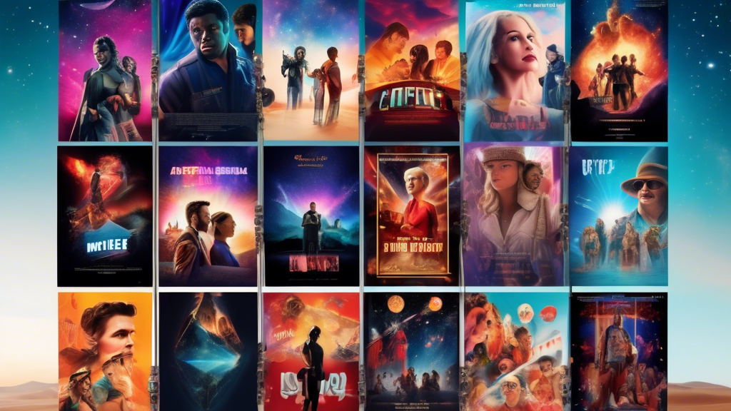 An artistic collage showcasing posters of the top 9 new movies available to stream this week on Netflix, Prime Video, and Max, styled as a vibrant movie theater display under a starlit sky.
