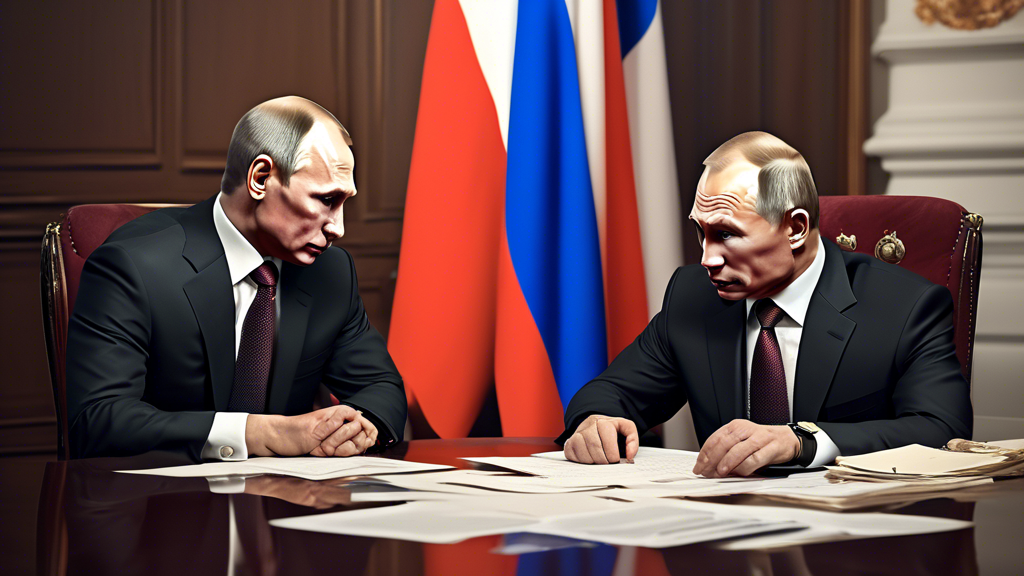 An office scene depicting Russian President Vladimir Putin and Defense Minister Sergei Shoigu in a tense conversation with a stack of official documents and a Russian flag in the background, reflectin