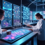 An ultra-detailed, digital illustration of the AlphaFold 3 AI system in action, showcasing colorful, complex biological molecules being mapped and analyzed in a high-tech laboratory environment, with