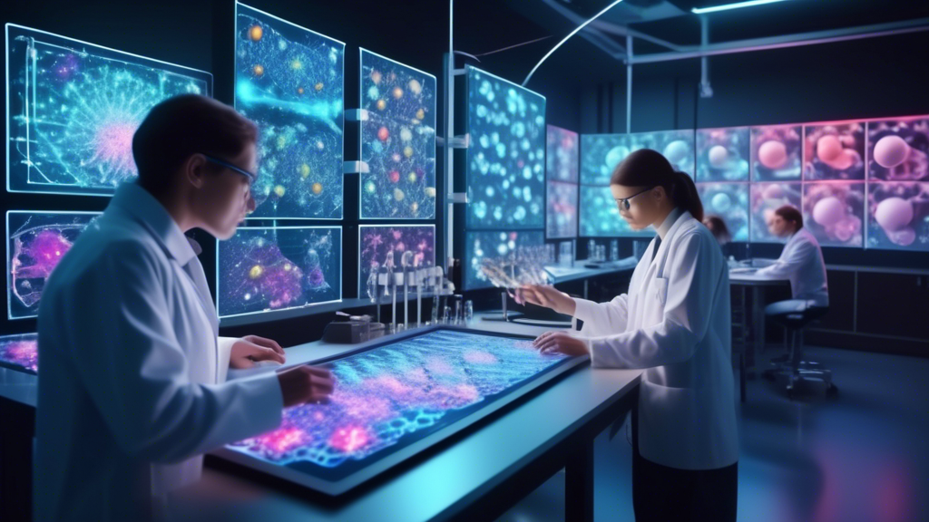 An ultra-detailed, digital illustration of the AlphaFold 3 AI system in action, showcasing colorful, complex biological molecules being mapped and analyzed in a high-tech laboratory environment, with