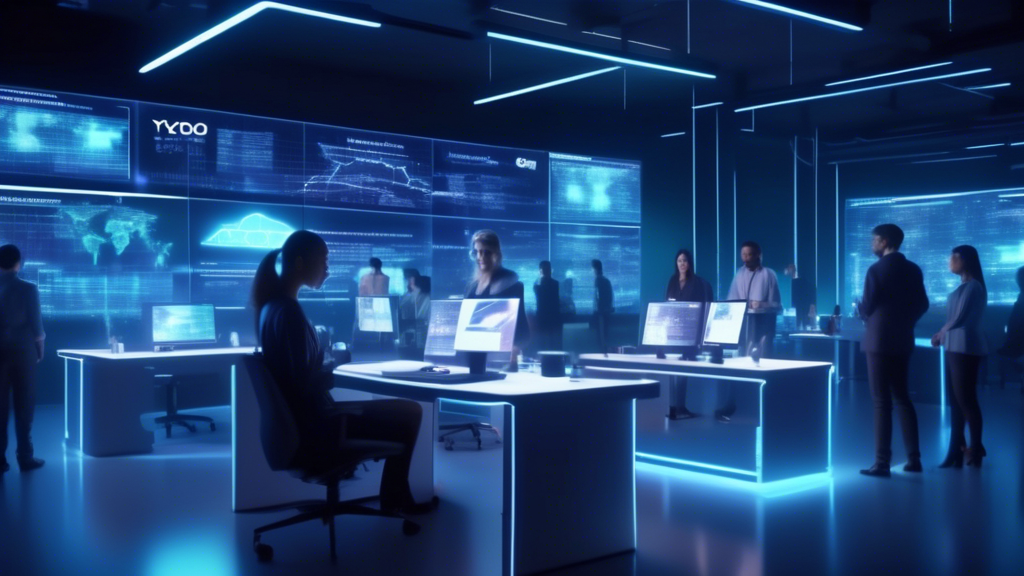 An artistic representation of a futuristic office, with individuals using advanced Microsoft AI PCs prominently displayed, beams of light symbolizing data transfer and innovation, with a large digital