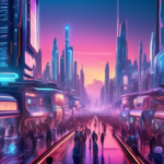 An ultra-detailed digital artwork depicting a bustling futuristic cityscape at dusk with androids of various designs and sizes interacting with humans in a harmonious environment, showcasing advanced