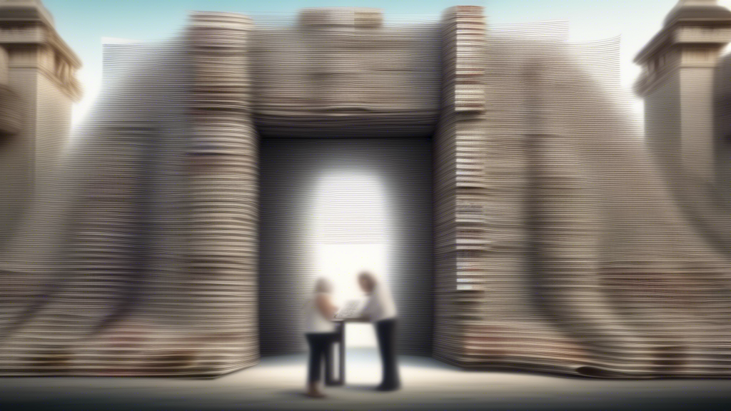 Digital illustration of a large, ornate gate made of newspapers and magazines, slowly lowering like a drawbridge over a computer keyboard, with internet users of diverse backgrounds, some cheering wit