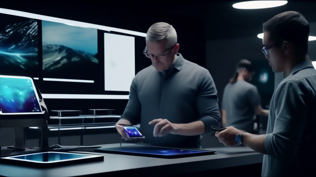 A futuristic design studio with Apple engineers and OLED screen providers collaboratively designing and testing a new OLED display for the iPad Pro and iPhone 16, showcasing advanced technology and in