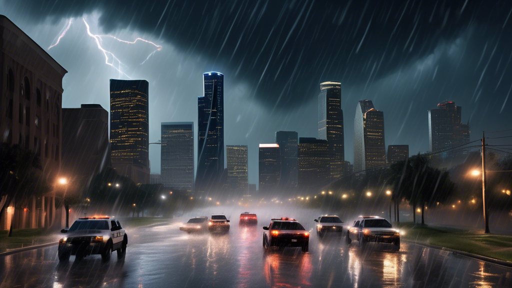 A dramatic digital artwork showing hurricane-level winds and rain battering the Houston skyline at night, with dark clouds swirling above and scattered lights indicating power outages, as people navig