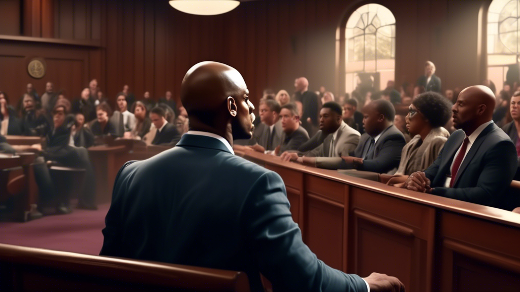 An intense courtroom scene depicting the attacker of Dave Chappelle suing the Hollywood Bowl security, with a diverse jury, intense lawyers making points, and a judge listening carefully, all set in a