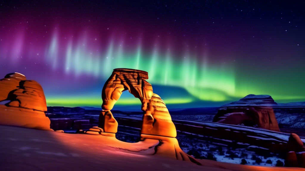 Vivid display of Aurora Borealis illuminating the night sky over the iconic Delicate Arch in Arches National Park, Utah, with starry background and amazed observers watching below.