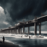 An artistic rendering of a futuristic $320 million pier in Gaza, under construction with a tumultuous ocean and dark storm clouds overhead, surrounded by political protesters and banners, executed in