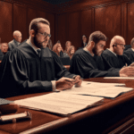 An artistic courtroom scene illustrating Bryan Kohberger sitting with his defense team, surrounded by legal documents and a thoughtful judge presiding over the case, with key bullet points artisticall