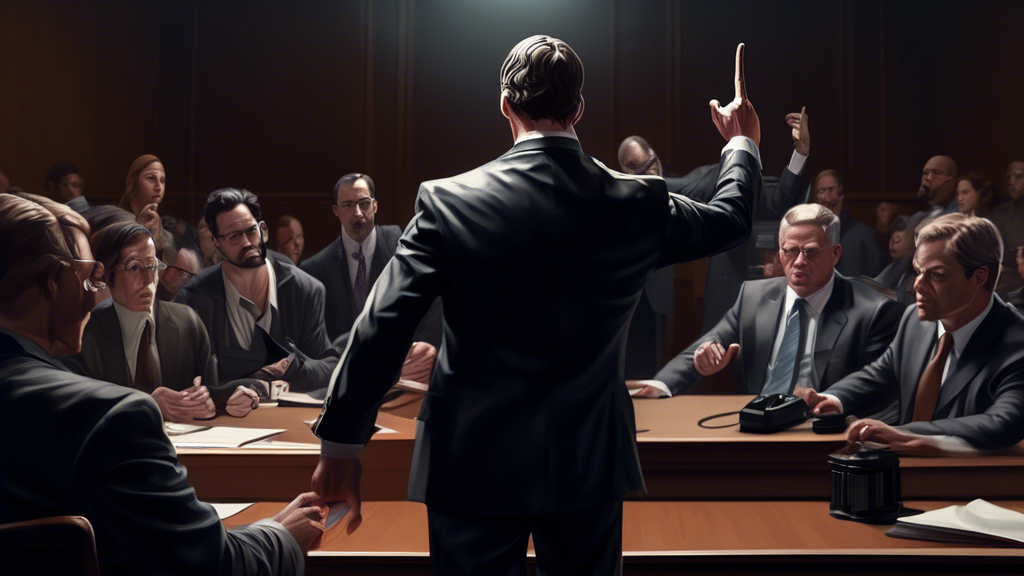 An intense courtroom scene depicting Bryan Kohberger's attorney pointing emphatically at a dismayed prosecutor, surrounded by observers and media, with a shadowy figure secretly holding an audio recor