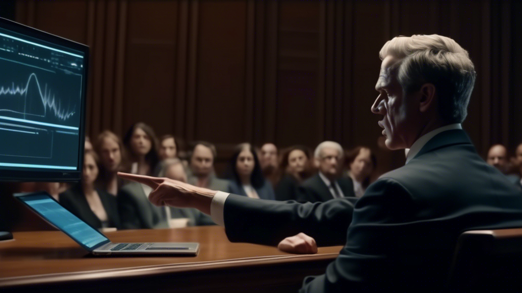 An intense courtroom scene showing a defense attorney pointing assertively towards a laptop screen displaying an audio waveform, with a frustrated prosecutor sitting across, in a dimly-lit courtroom f