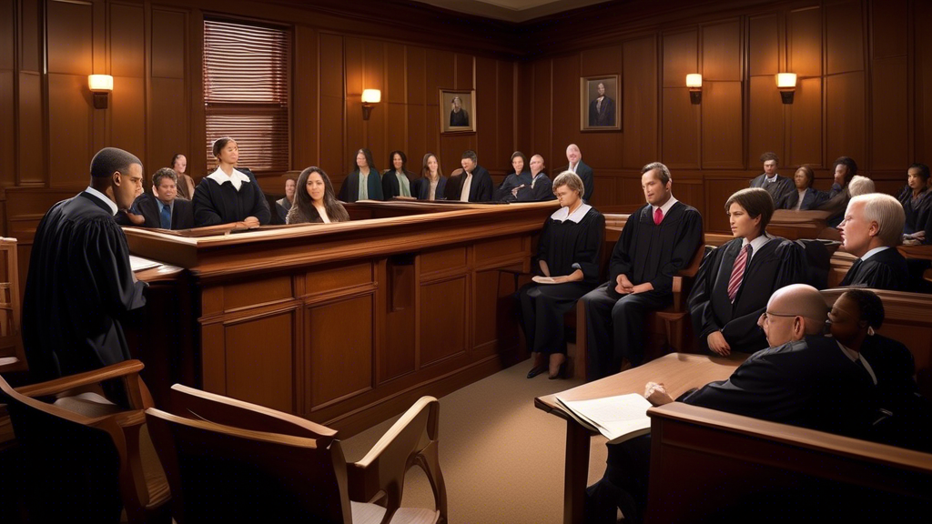 Create an image of a courtroom scene, illustrating tension and anticipation, with an empty defendant's chair. Include a diverse group of legal professionals, including a judge looking through case fil