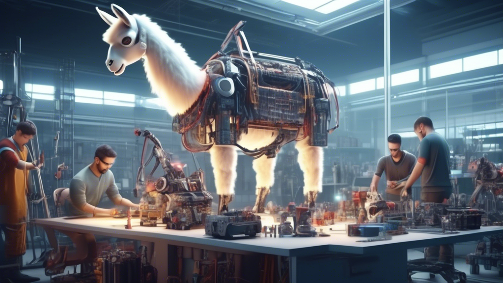 An illustration of engineers and scientists constructing a giant robotic llama, featuring an array of tools and components, in a futuristic workshop setting.
