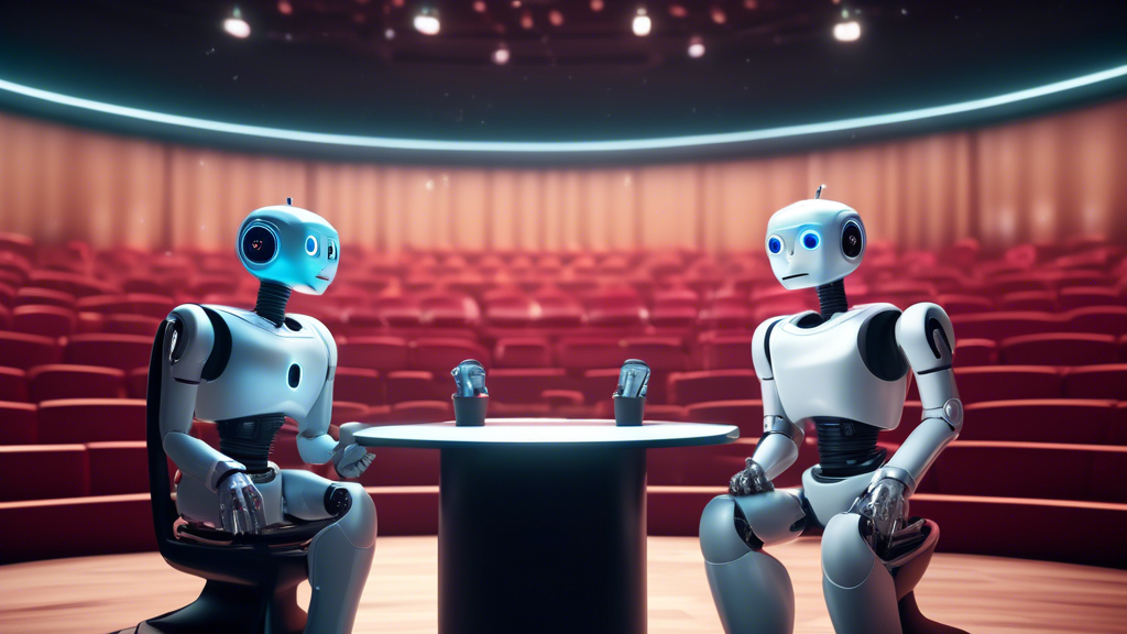 An artistically designed scene featuring a vintage-style debate stage with two anthropomorphized robots, one representing OpenAI's ChatGPT-4o and the other resembling Apple's Siri; both engaging in a