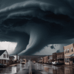 A dramatic and turbulent sky over a small American town, with an ominous, swirling tornado in the distance and dark storm clouds above, as viewed from the perspective of a news camera, with the CBS Ph