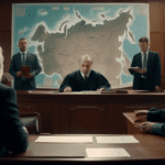 An intense courtroom scene with a defense attorney presenting an expert witness testifying about cell phone location data, with a judge, jury, and a backdrop of a detailed map highlighting Moscow and