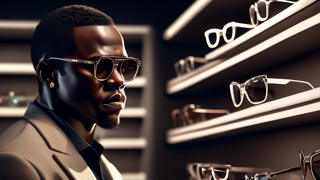 An illustration of a saddened Diddy looking at empty eyewear display shelves in a stylish, modern America's Best store, with his Sean John glasses in his hand, under soft, dramatic lighting.