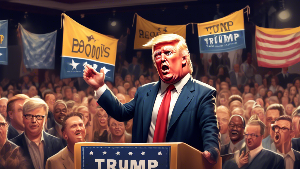 An illustration of Donald Trump standing at a podium, looking surprised as he receives boos and heckles from a diverse and animated crowd at the Libertarian Convention, with banners and Libertarian sy