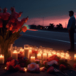 Digital artwork depicting a somber and reflective memorial at a roadside accident scene in Florida, with floral tributes and candles under a twilight sky, honoring the memory of eight Mexican laborers