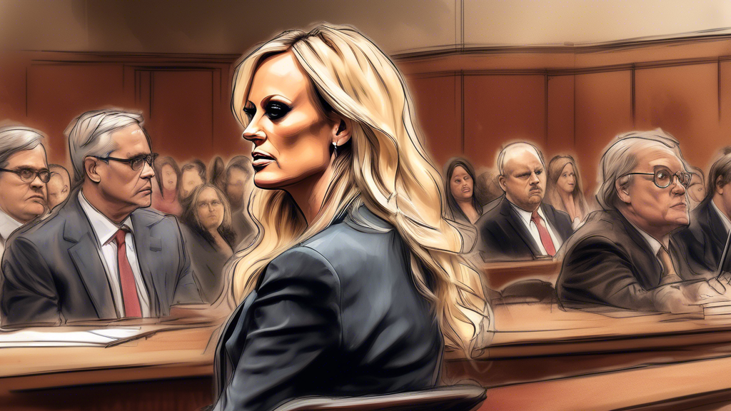An artistic courtroom sketch of Stormy Daniels giving a detailed testimony in front of a judge and jury, with muted colors and focused expressions, in a large, well-lit courtroom setting.