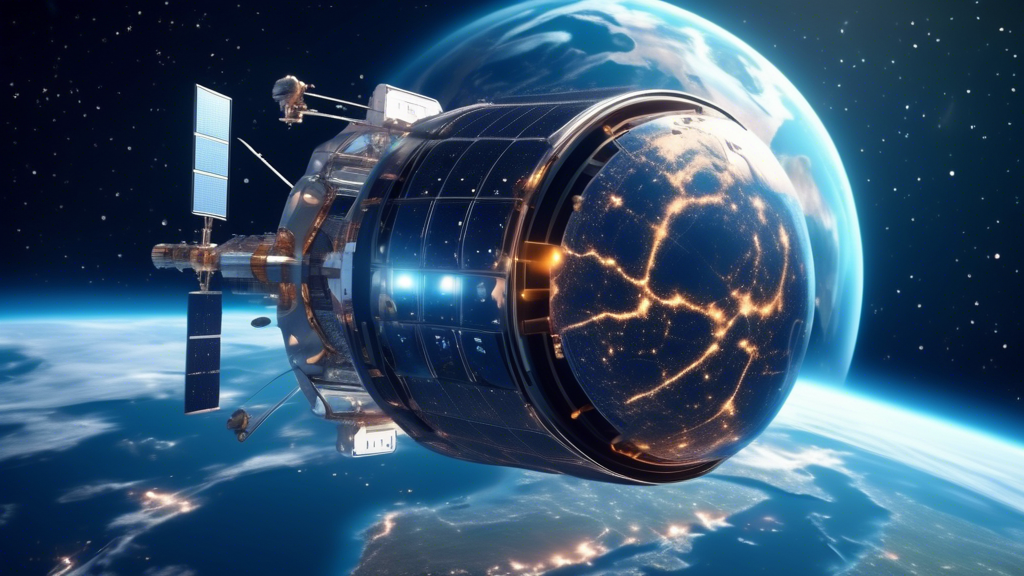 A digital artwork of a futuristic Earthcare satellite orbiting Earth, with detailed sensors visible, capturing data, against a backdrop of a starry sky and a vividly visible atmosphere showcasing diff