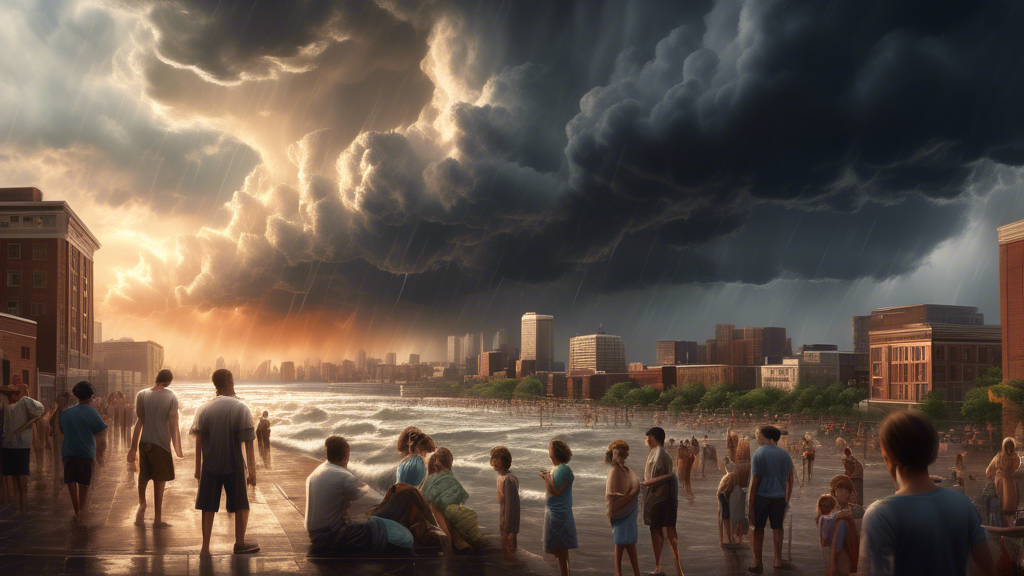 An artistic depiction of a contrast in weather: intense storm clouds gathering over a city skyline on the Eastern U.S. coast on one side, and on the other, a serene Southern landscape under a scorchin