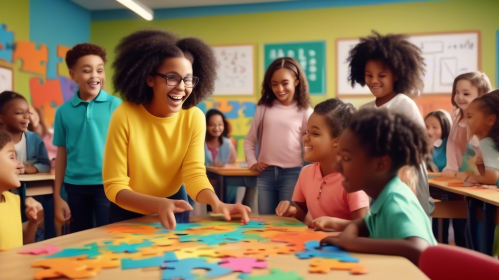 A vibrant classroom scene showing children of diverse backgrounds happily engaged in a math scavenger hunt, using colorful, oversized puzzle pieces to solve equations, with a cheerful teacher guiding