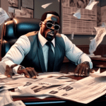 An artistic representation of Sean 'Diddy' Combs in a chaotic lawyer's office, with papers flying around and screens displaying news headlines, in a dramatic, comic book style.