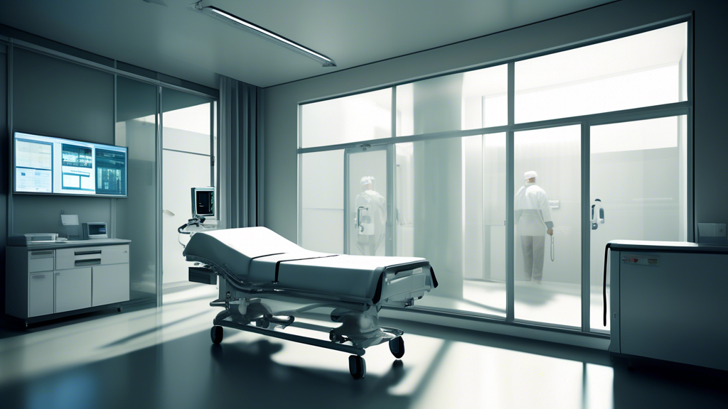 Create an image of a well-guarded private hospital room featuring modern medical equipment and a patient bed. Through a somewhat opaque glass window, silhouette figures of security personnel can be se