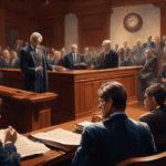 An intricate courtroom illustration showing a tense legal scene, with two divided groups discussing a significant case involving a high-profile figure accused of misconduct, with elements like a judge