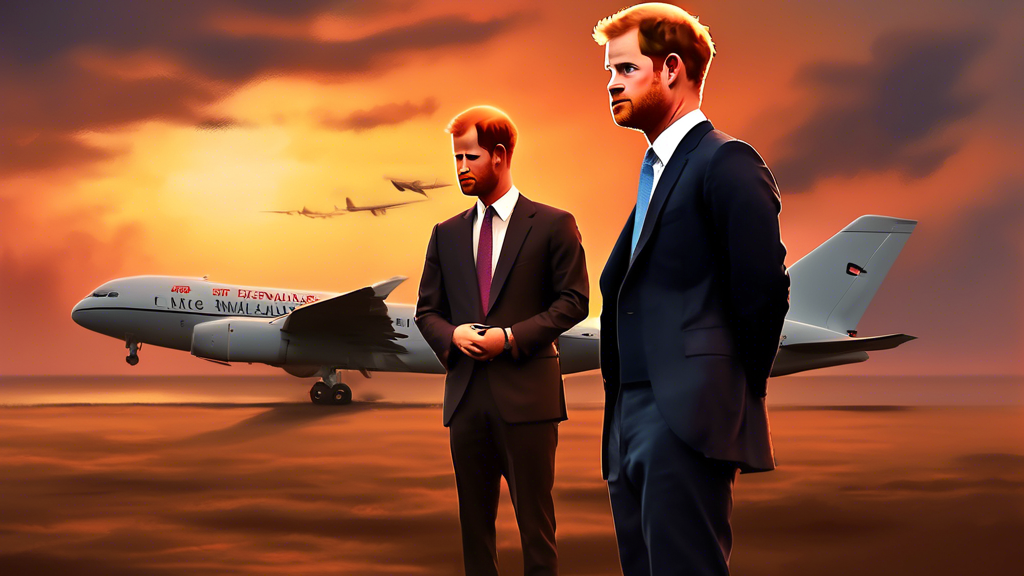 An artistic digital painting depicting Prince Harry standing alone, looking sadly towards a departing plane carrying King Charles and Prince William to Nigeria, set against a dramatic sunset backgroun