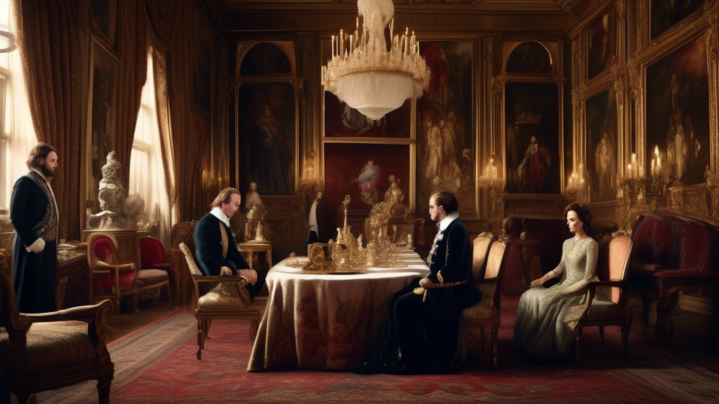 An elegant, regal scene depicting King Charles in a grand, opulent palace room, whispering protectively to Kate Middleton, surrounded by ornate Victorian furniture and luxurious tapestries, as concern