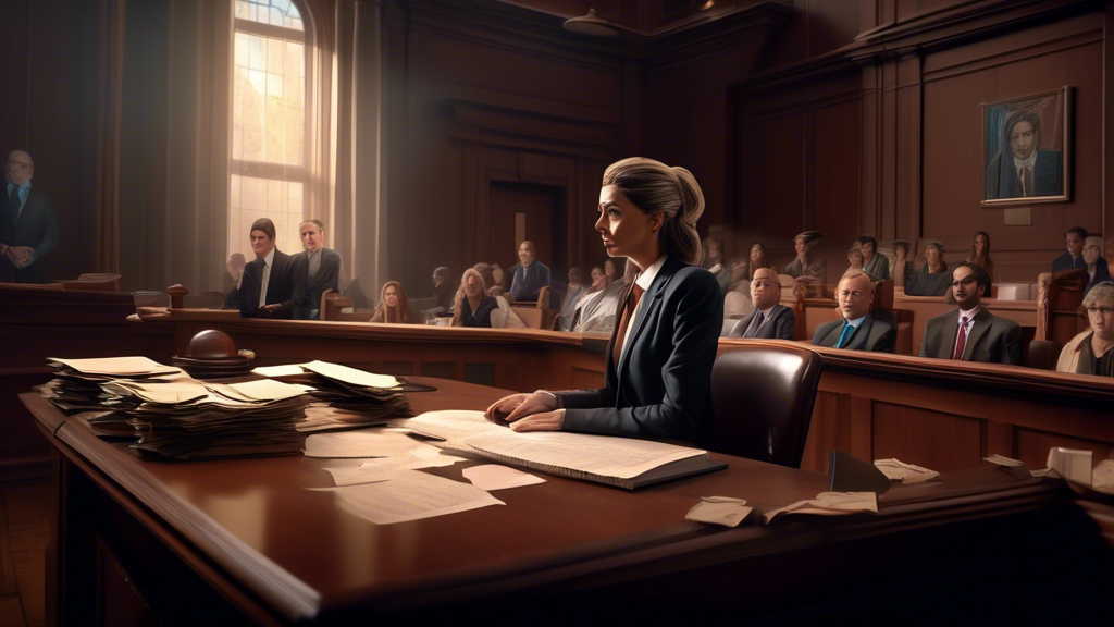 An illustrated courtroom scene with a woman on the witness stand testifying confidently against a disheveled man labeled 'Mr. Fix It', with a backdrop of broken legal documents and law books, portrayi