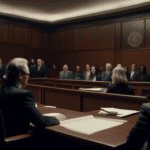 A dimly lit courtroom scene showing a group of somber-looking lawyers discussing among themselves while a judge pensively looks on, with the headline Further Postponements in Court for Idaho College S