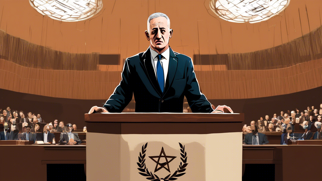Digital artwork of Benny Gantz standing at a podium in the Knesset, addressing a divided audience of Israeli politicians, with a large, ticking clock looming in the background symbolizing the urgency