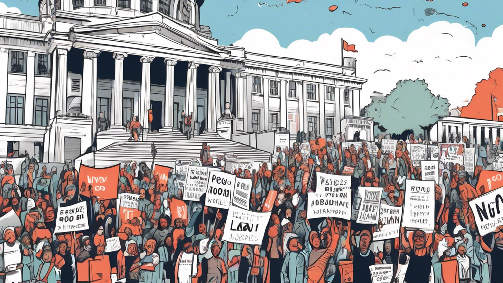 An illustration depicting a large, diverse crowd of protesters holding placards and banners outside the Georgia state legislature building, with people expressing disapproval. The scene is set under a