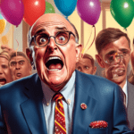 An illustration of Rudy Giuliani looking surprised as he receives an indictment notice, in a festive room decorated with colorful balloons and banners celebrating his 80th birthday, with a shocked exp