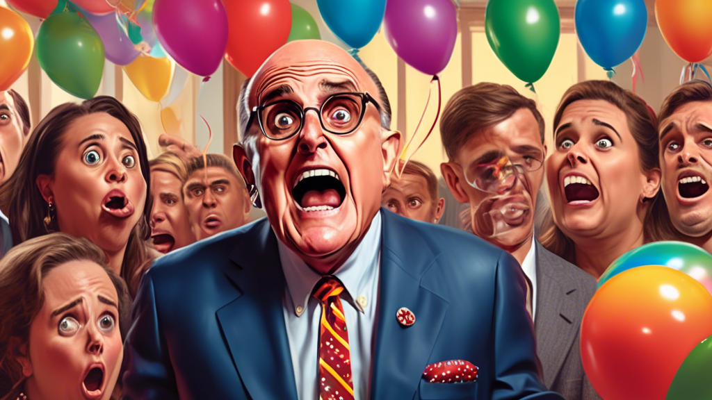 An illustration of Rudy Giuliani looking surprised as he receives an indictment notice, in a festive room decorated with colorful balloons and banners celebrating his 80th birthday, with a shocked exp