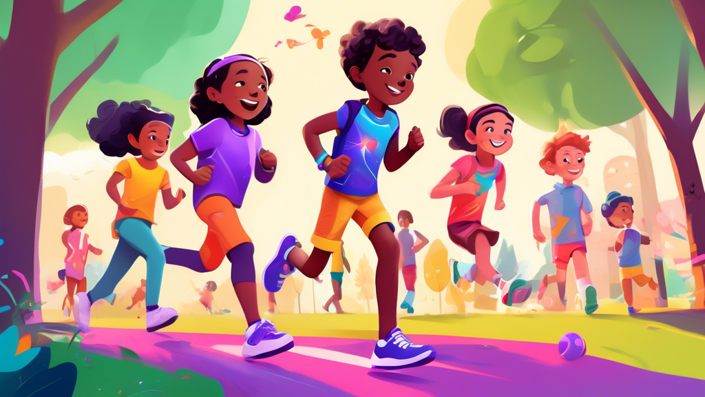 A vibrant and engaging digital illustration of a child wearing the new $230 Google Fitbit Ace LTE on their wrist, playing in a park with friends. The smartwatch should feature a colorful interface dis