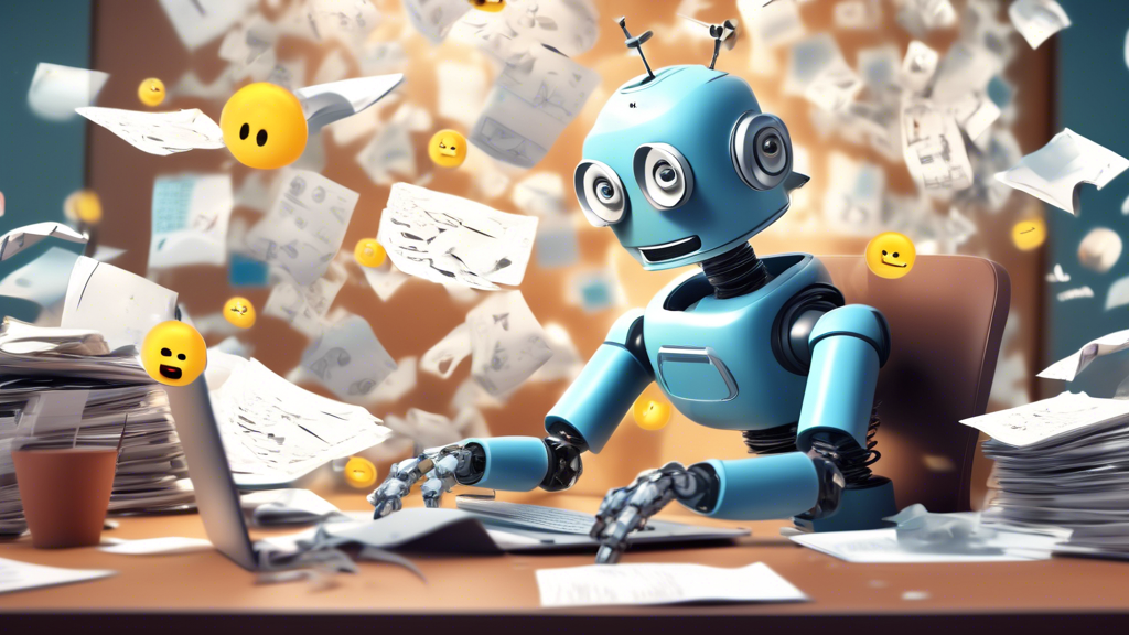 Digital illustration of a whimsical robot sitting at a desk with scattered papers, a frustrated look on its 'face,' while humorous and slightly incorrect versions of famous landmarks appear on its com