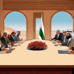 An illustrative digital artwork showing a symbolic meeting between representatives of Hamas and Israeli officials, with Egyptian and Qatari mediators at the table, set against a backdrop of a peaceful