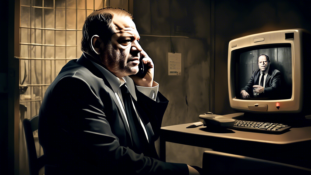 A dramatic, cinematic digital painting of Harvey Weinstein making a secretive phone call from a dimly lit prison cell, with the glamorous Cannes Film Festival unfolding on a TV screen in the backgroun
