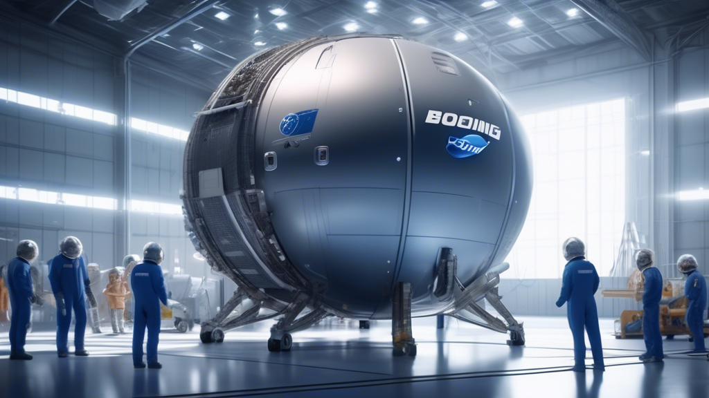 A futuristic illustration of the Boeing Starliner spacecraft in a maintenance hangar with engineers inspecting a helium tank as tools float in zero gravity, set against the backdrop of Earth seen from