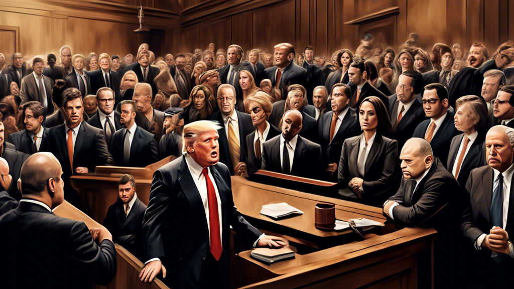 A surreal courtroom with two juxtaposed scenes: one side showing a bustling media frenzy around Harvey Weinstein, and the opposite depicting Donald Trump surrounded by lawyers and reporters, all frame